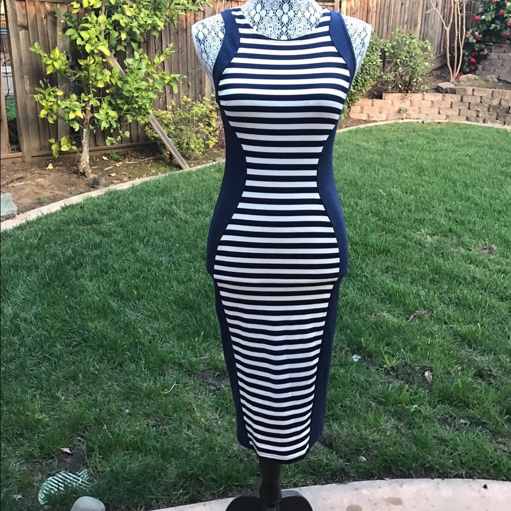 Navy and White Striped Illusion Dress