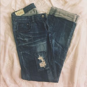 Distressed patchwork jeans