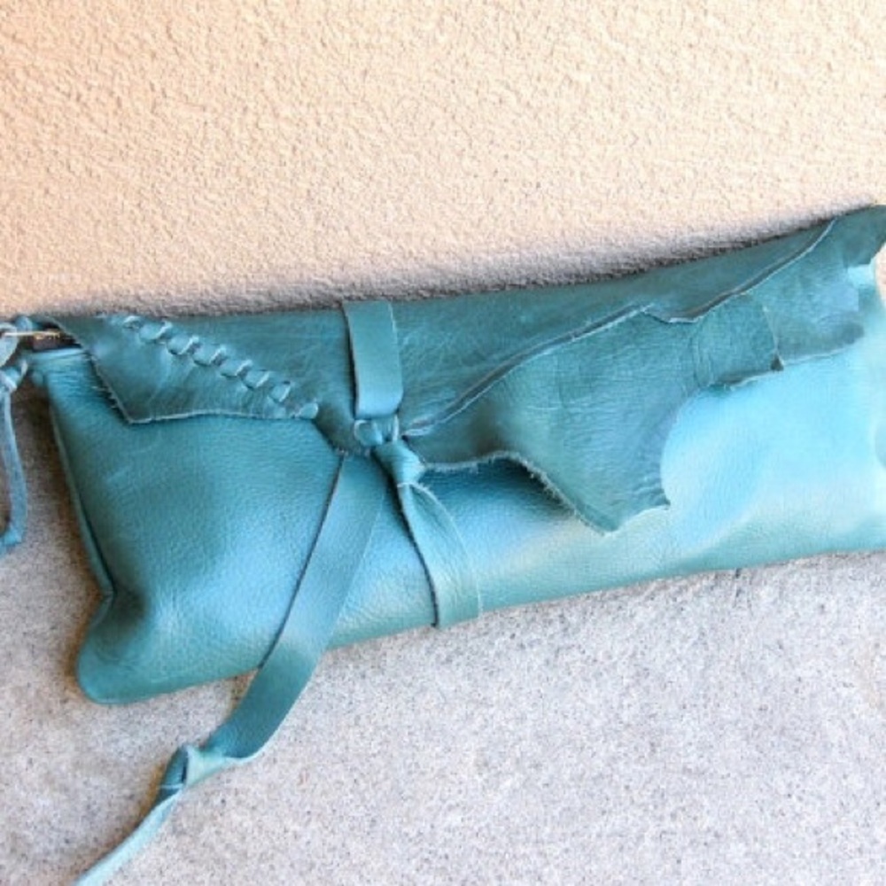 Handmade Genuine Teal Green Leather Rocker Clutch
