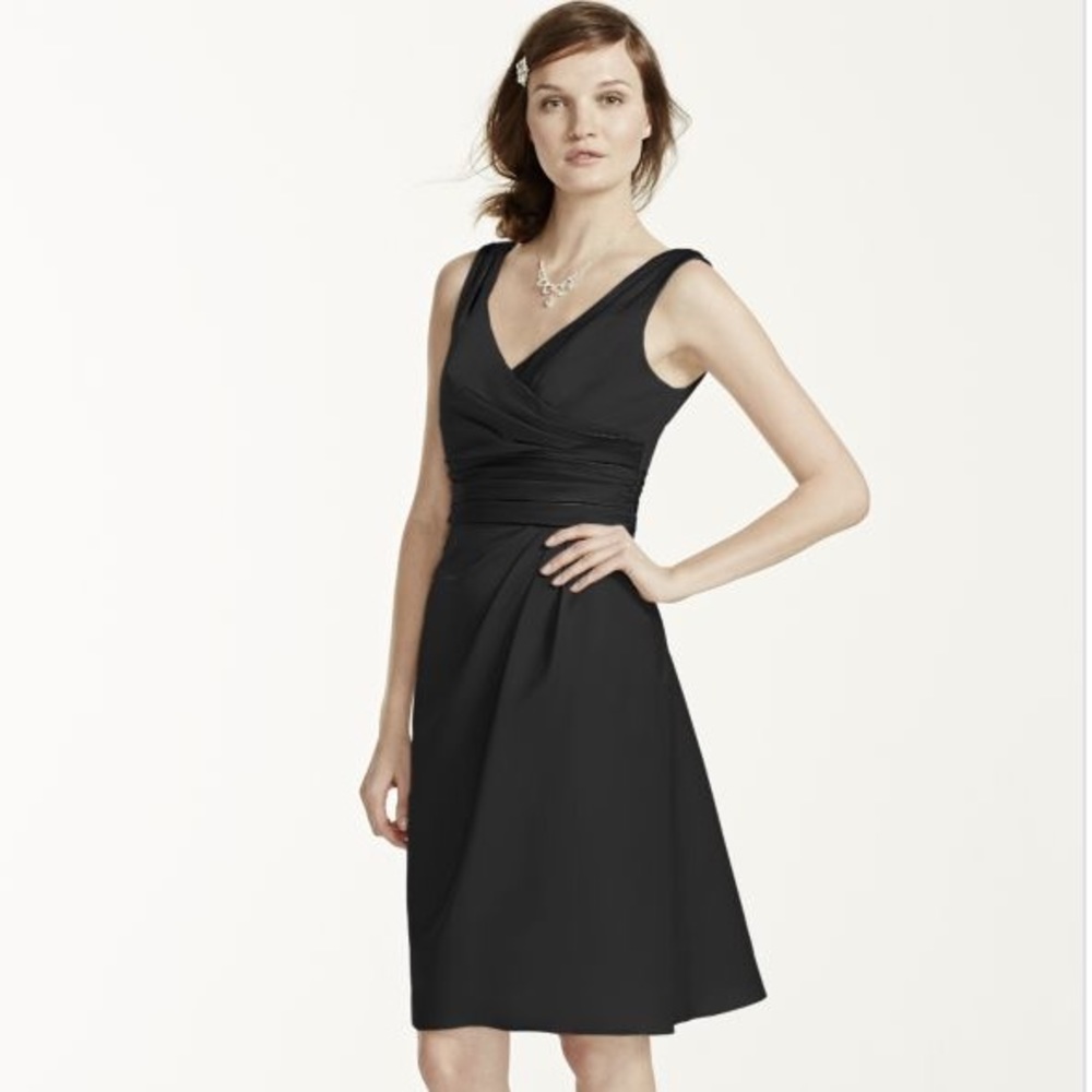 David's Bridal Short Satin Ruched Waist Dress