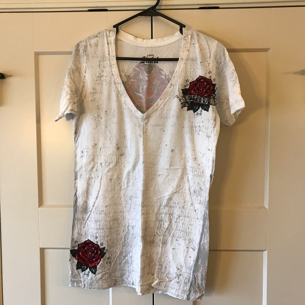 Sinful Size L White Tee With Embellished Red Roses