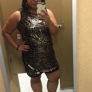 Vince Camuto: black and gold sequin dress