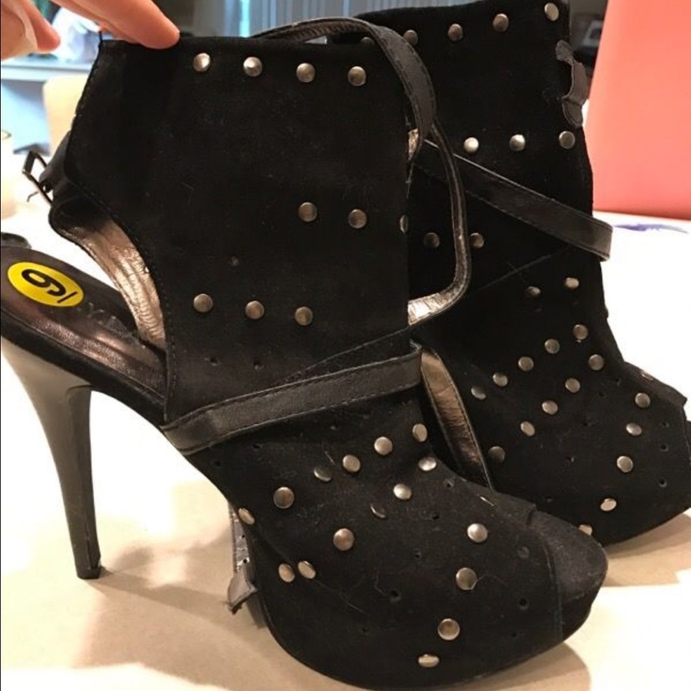 New Black Studded Peep-Toe Stilettos with Strap