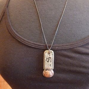 Black leather rope necklace with red charm