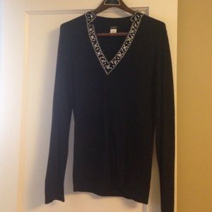 JCrew black wool sweater with beads and sequins.