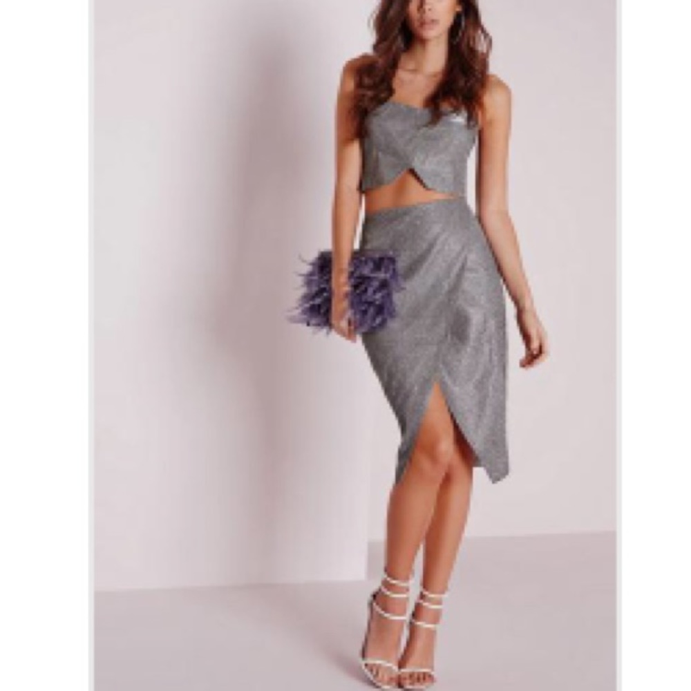 Size 2 Missguided Glittery Silver front wrap skirt