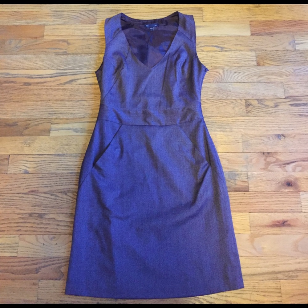 Plum sheath dress.
