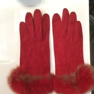 Red suede and fur gloves Red suede and fur gloves