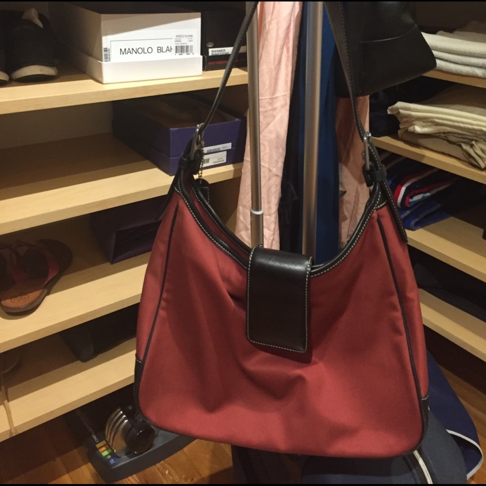 Coach red canvas, leather trim handbag