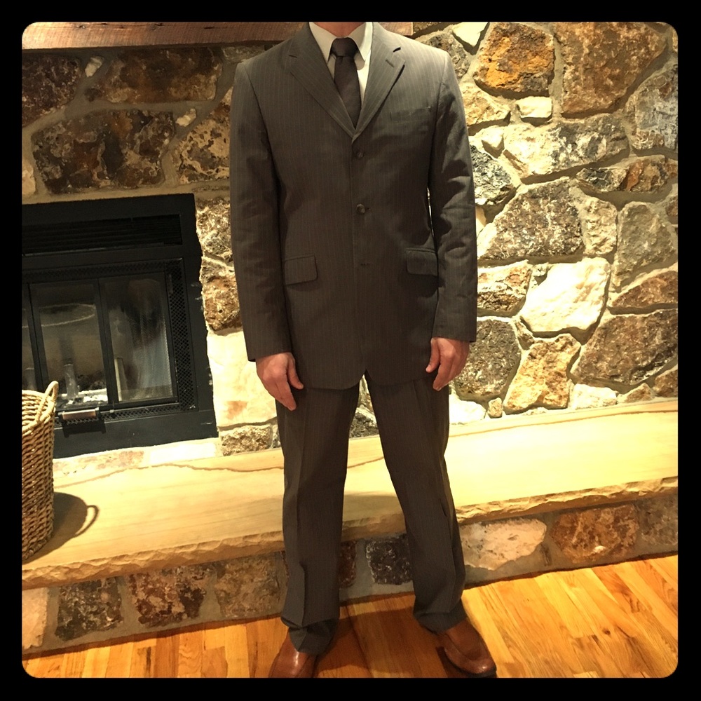 Banana Republic brown pinstripe suit.