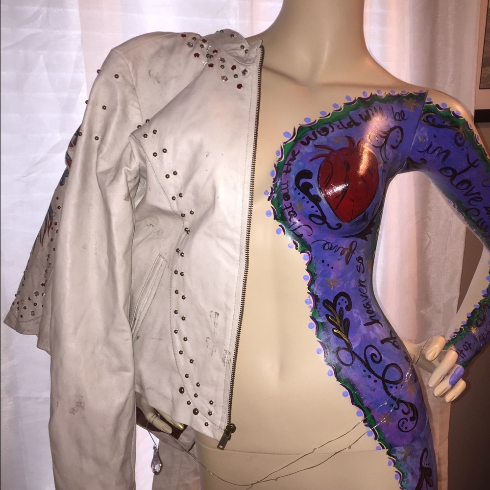 Vintage Leather Biker Jacket Roses n Rhinestones - Picture 2 of 6