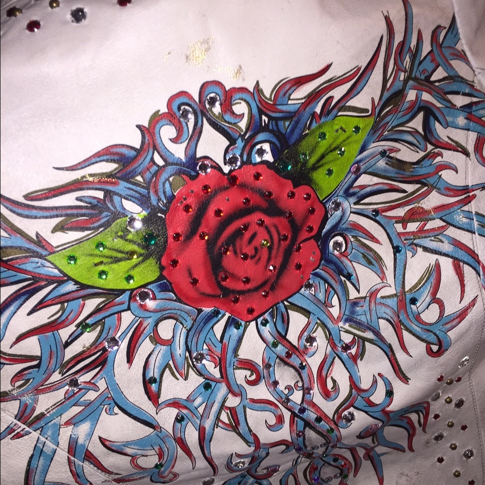 Vintage Leather Biker Jacket Roses n Rhinestones - Picture 3 of 6