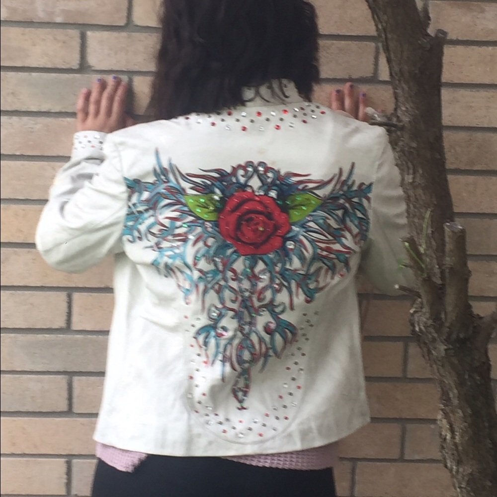 Vintage Leather Biker Jacket Roses n Rhinestones - Picture 5 of 6