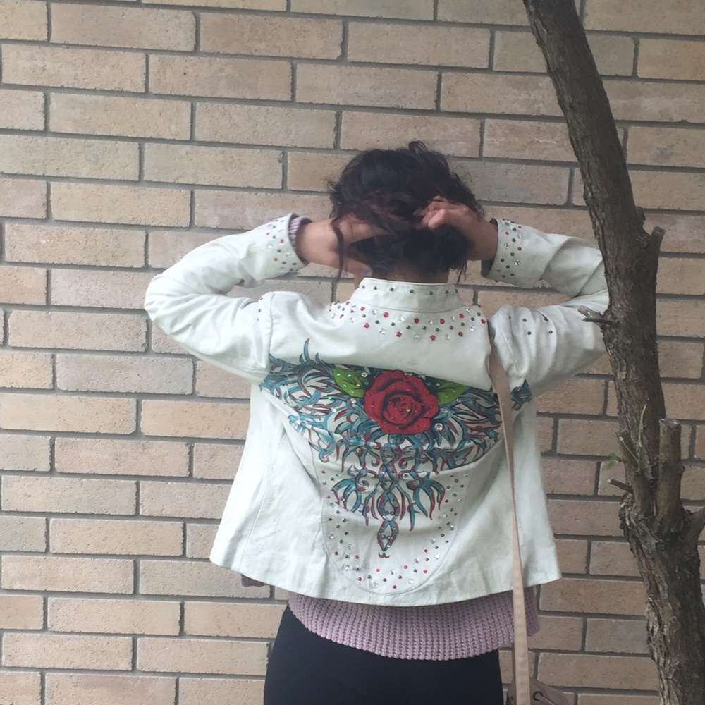 Vintage Leather Biker Jacket Roses n Rhinestones - Picture 6 of 6