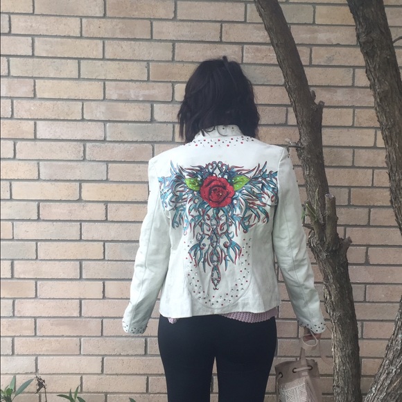 Vintage Leather Biker Jacket Roses n Rhinestones - Picture 1 of 6