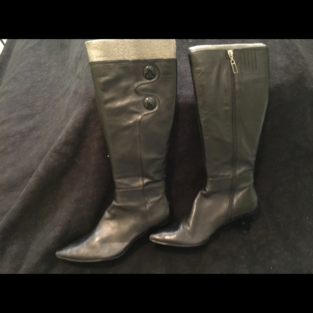 Tahari knee high kitten heel black dress boots.