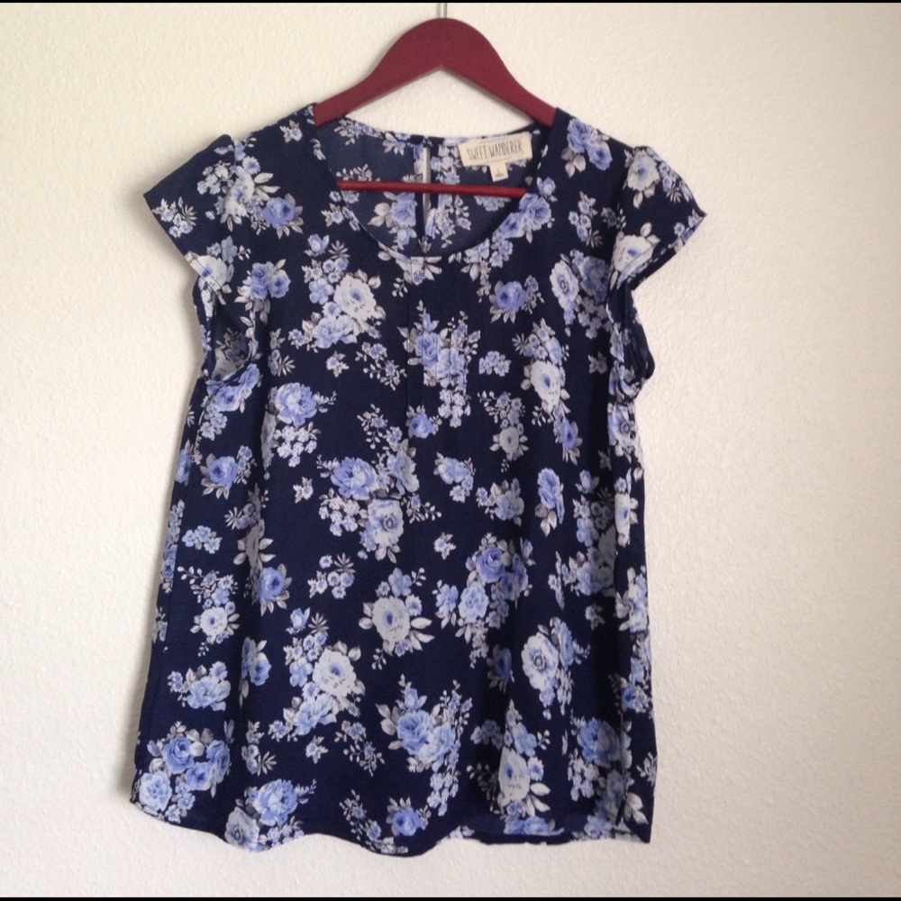 Sweet Wanderer Floral Blouse S Blue and Gray