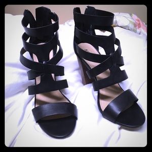 Strappy black sandal heels