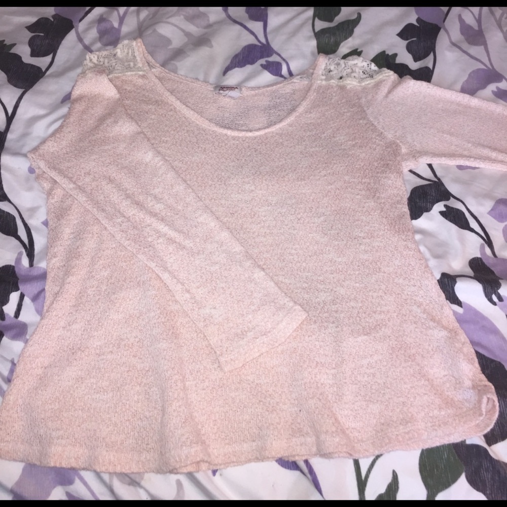 Pink sweater with lace shoulder caps