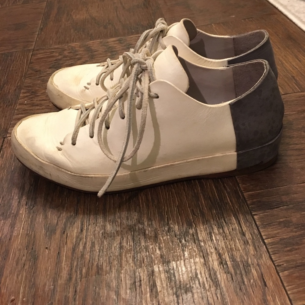 White and grey distressed look Feit sneakers