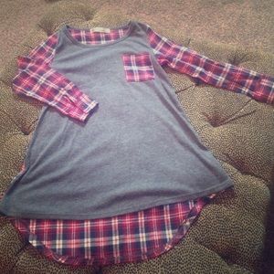 Gray tunic with red and blue plaid. NWOT