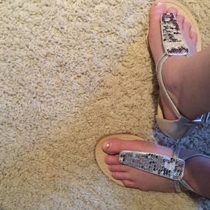 Silver sequined buckle up sandals size 5 1/2