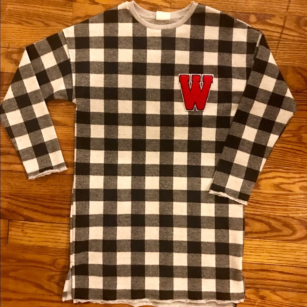 Black & White plaid shirt w/red letter M