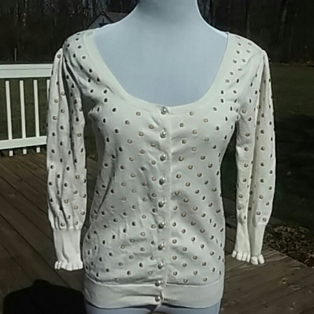 Cream & Tan Pearl Button Cardigan Sweater sz Large