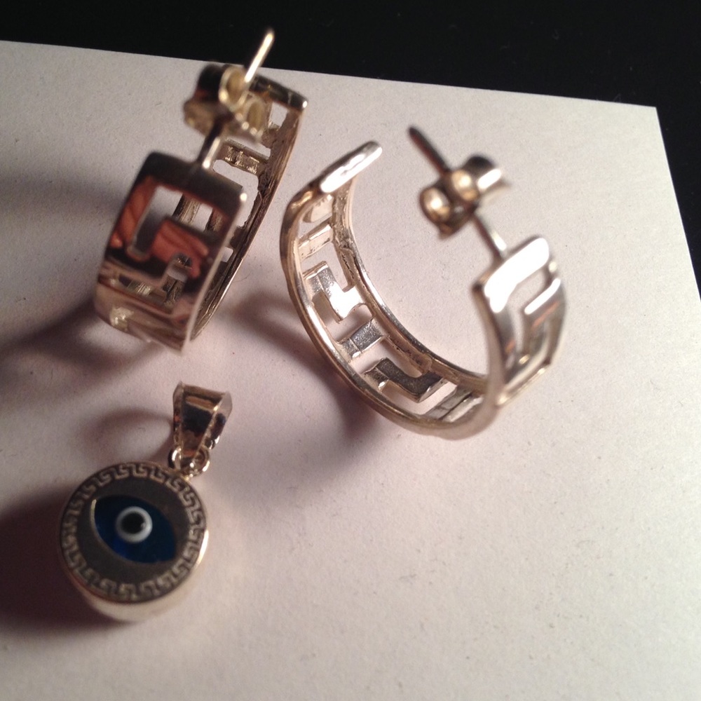 Silver Greek key hoop earrings & evil eye charm