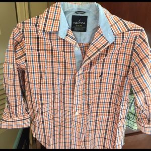 Boys nautica button up orange plaid shirt