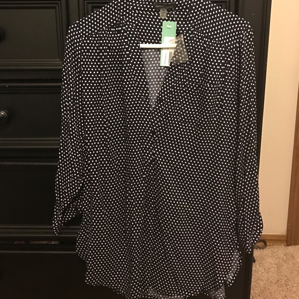 Stich Fix navy and white polka dot tunic