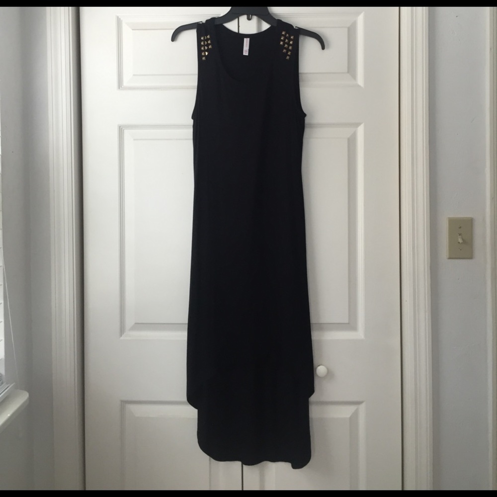 Black high low dress with gold stud detail