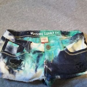 Tie dye blue and white shorts with ripped cut outs