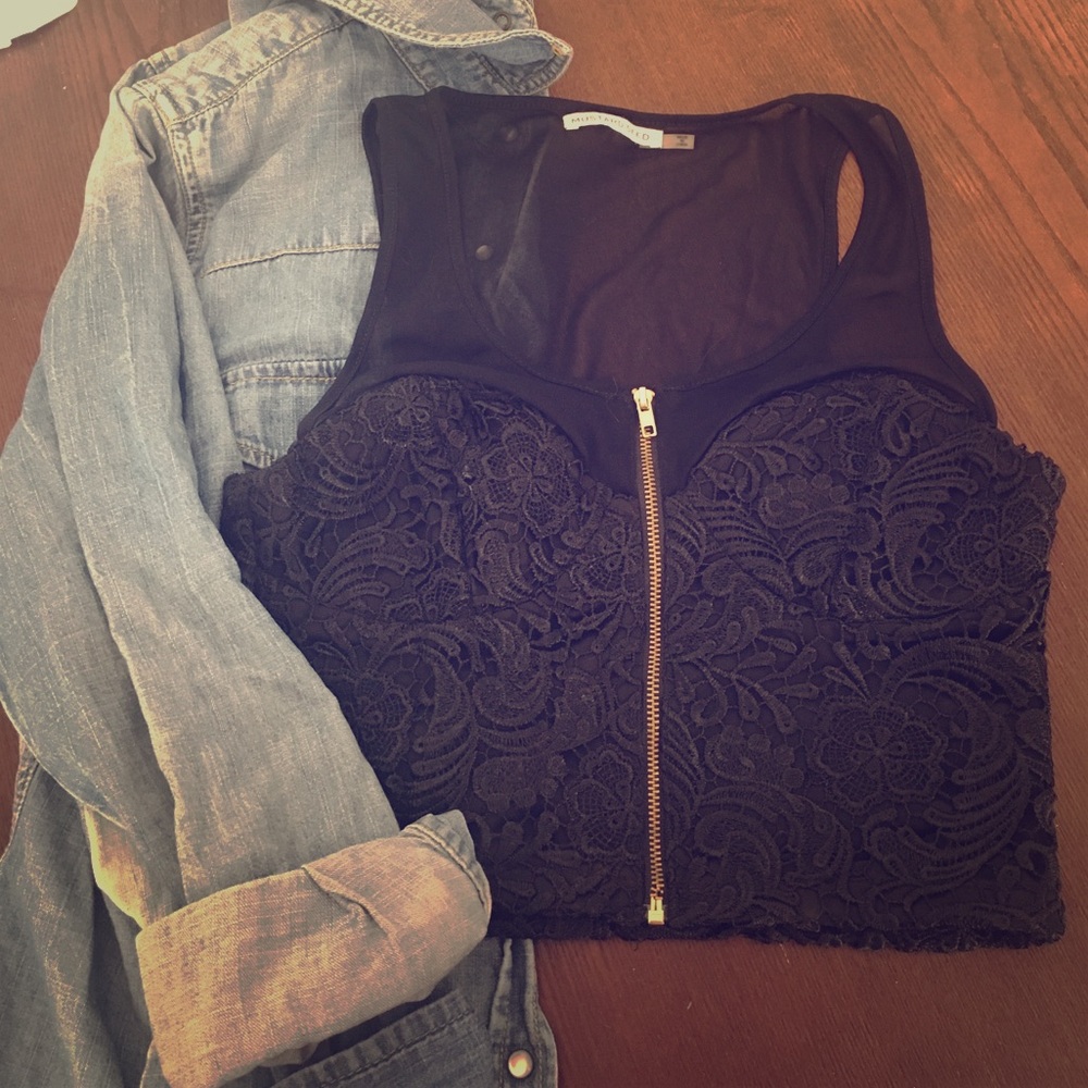 🔥 sexy black lace and mesh bustier zip front top