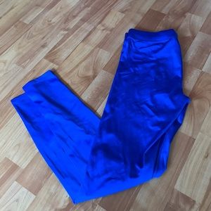 Cobalt Blue Shinny Pink brand workout leggings.