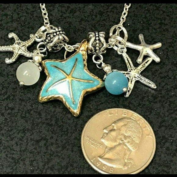 🌟 HSNDCRAFTED BLUE STARFISH/ BEADS  TIBETAN SILVER NECKLACE 18" CHAIN CHARMS ✨️ - Picture 2 of 4