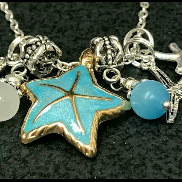 🌟 HSNDCRAFTED BLUE STARFISH/ BEADS  TIBETAN SILVER NECKLACE 18" CHAIN CHARMS ✨️ - Picture 3 of 4