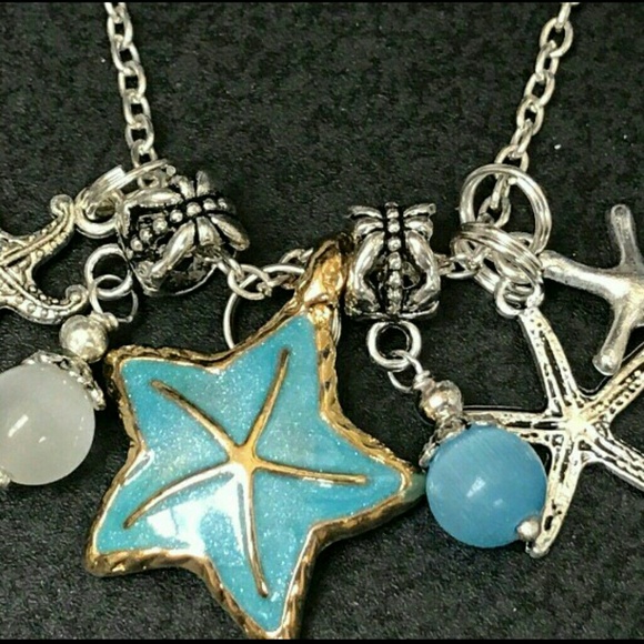 🌟 HSNDCRAFTED BLUE STARFISH/ BEADS  TIBETAN SILVER NECKLACE 18" CHAIN CHARMS ✨️ - Picture 4 of 4