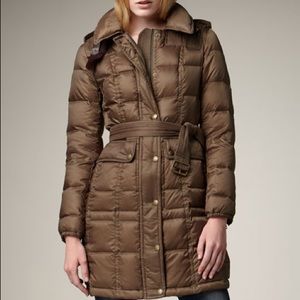 Burberry leather-detailed puffer coat, bay leaf