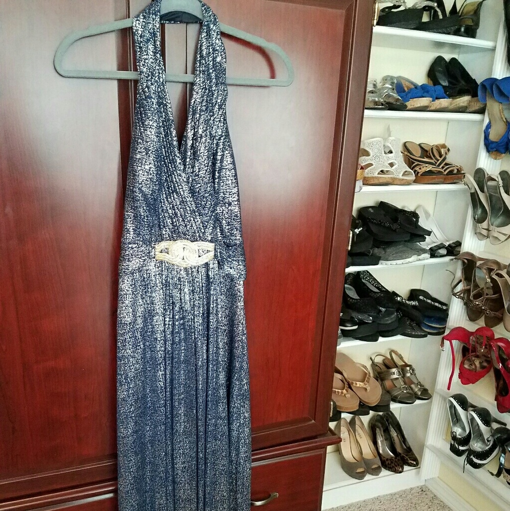 Navy/Silver Cachet halter style gala or prom dress