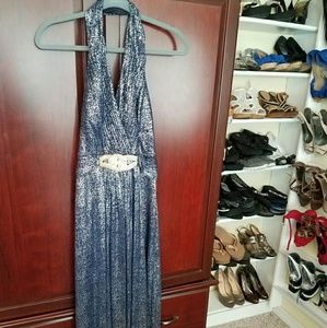 Navy/Silver Cachet halter style gala or prom dress