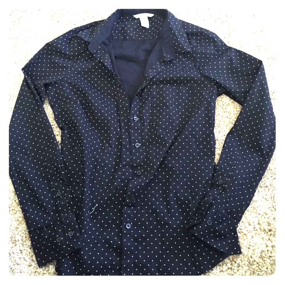 navy and white polka dot button down dress shirt