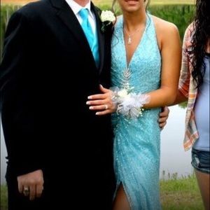 Turquoise Sequin Prom Dress & Matching Vest & Tie