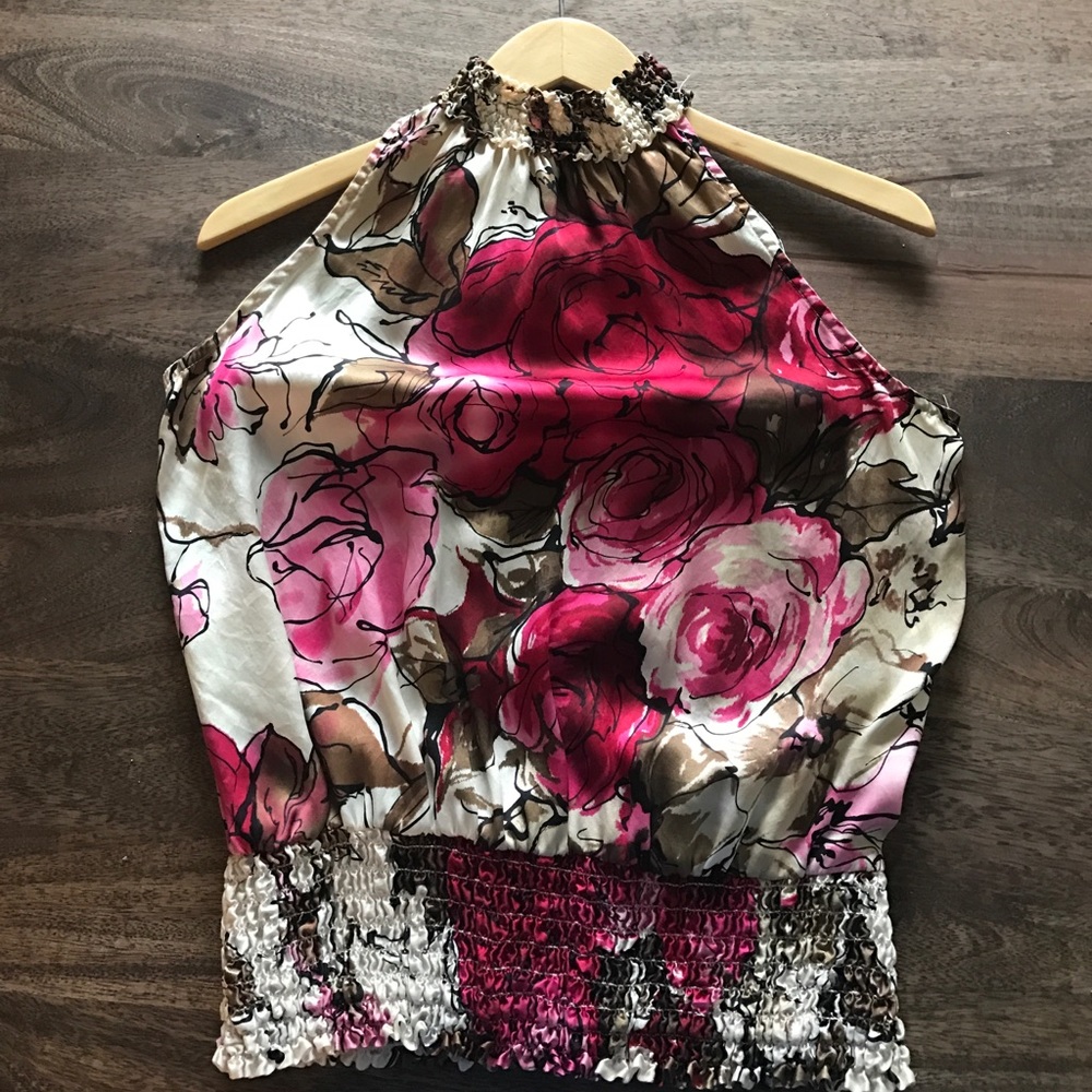 Silk flower print halter top (S)