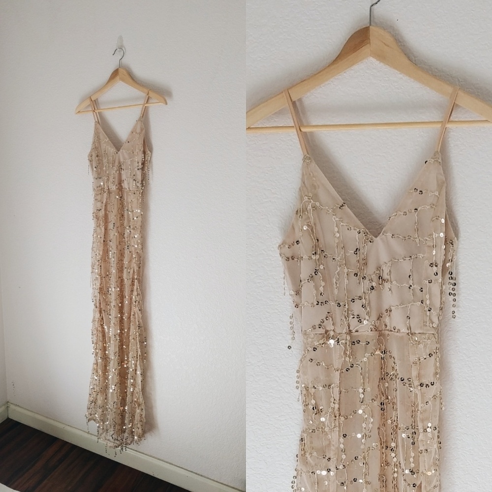 SUPER SPARKLY Sheer Nude Sequin Maxi Dress
