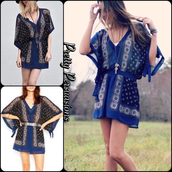 NWT Free People Printed Kimono Mini Dress - Picture 7 of 7