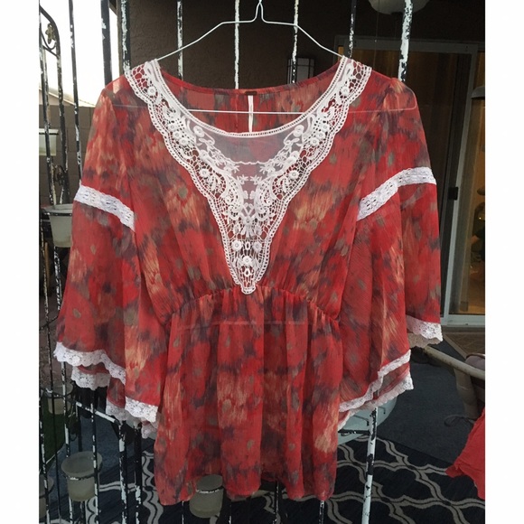 Free People Sheer Red Dreamer Blouse - Picture 2 of 4