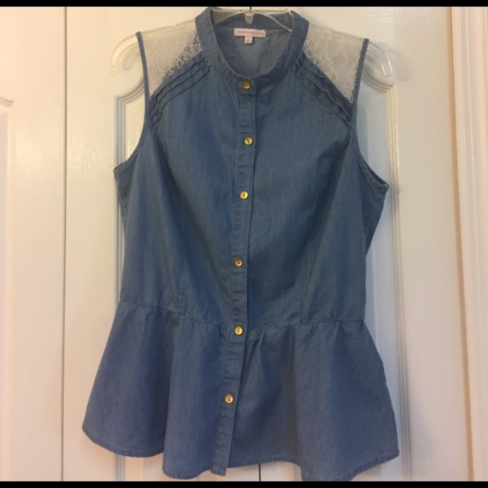 Chambray & Lace Peplum Top - Size Large