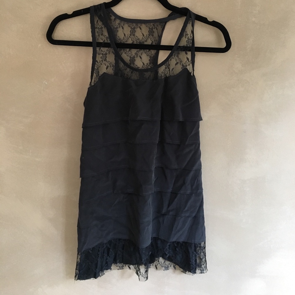 Bailey 44 Black ruffled razor back tank with lace