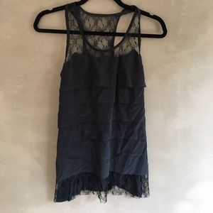 Bailey 44 Black ruffled razor back tank with lace